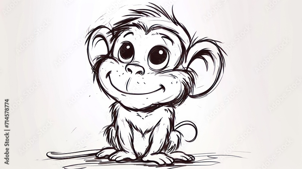 a black and white drawing of a monkey with big eyes and a smile on it's face, with a long tail, sitting down on a white background. a black and white drawing of a monkey with big eyes and a smile on it's face, with a long tail, sitting down on a white background.