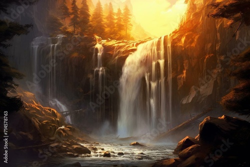 A radiant sun shines on a majestic waterfall with cascading water. Generative AI © Aiden