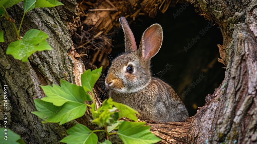 Fototapeta premium a rabbit is sitting in the middle of a hole in the bark of a tree that has green leaves on it and it looks like it is looking out of a hole in the ground.