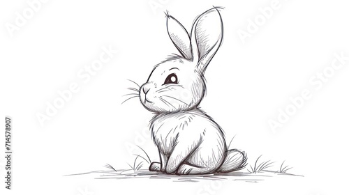  a black and white drawing of a rabbit sitting on the ground with a sad look on it's face as if he's looking at something in the distance.