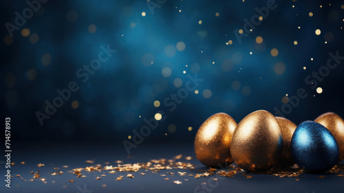 Festive Easter eggs with golden glitter on a dark blue background, celebrating the holiday. photo