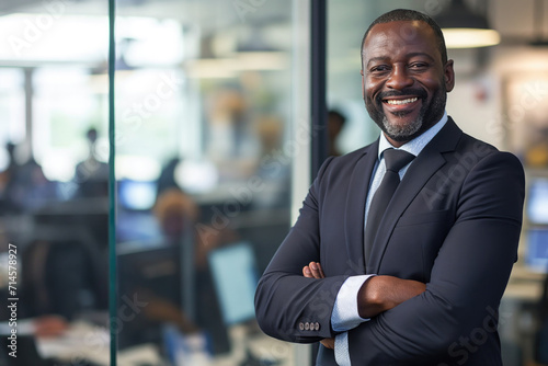 Confident portrait middle aged african businessman smilling in a suit in the office photo
