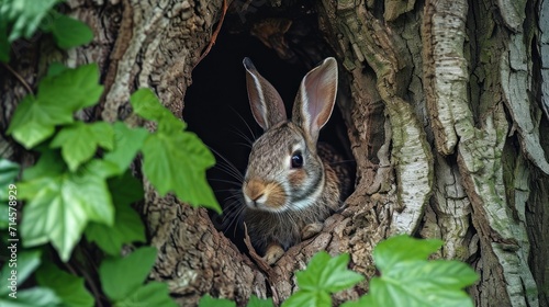  a rabbit is poking its head out of a hole in the bark of a tree with green leaves on either side of it and a tree trunk in the foreground. © Olga