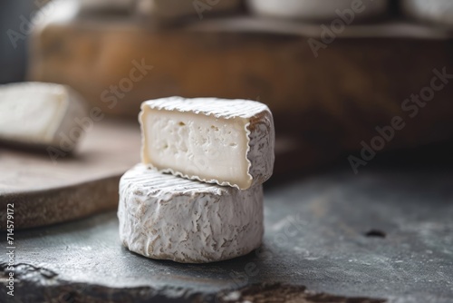 Homemade old craft goat cheese on light pastel background.