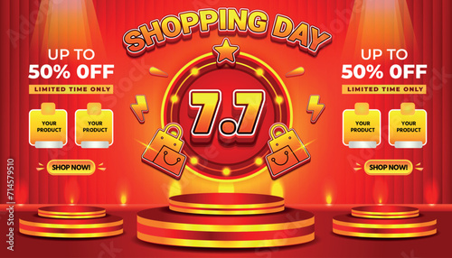 7 7 SALE SHOPPING DAY SUPER SALE EVENT 50 PERCENT OFF BACKGROUND SOCIAL MEDIA