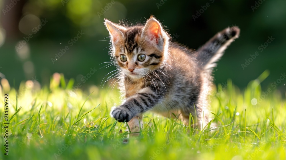 a small kitten playing with a toy in a field of grass with a blurry background of green grass and a blurry background of blue sky and green grass. a small kitten playing with a toy in a field of grass with a blurry background of green grass and a blurry background of blue sky and green grass.