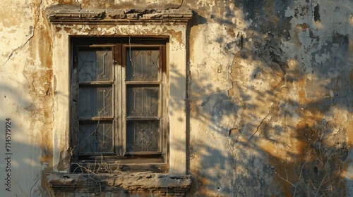  an old run down building with a window and vines growing on the side of the building and a shadow of a tree on the side of the building on the wall.