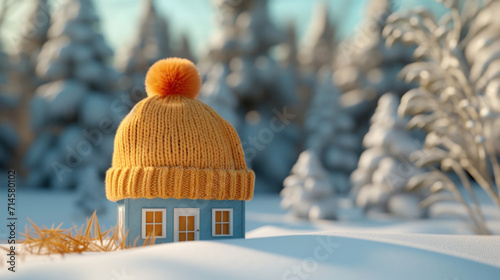 A whimsical miniature house topped with a warm, knitted winter hat in a snowy landscape.