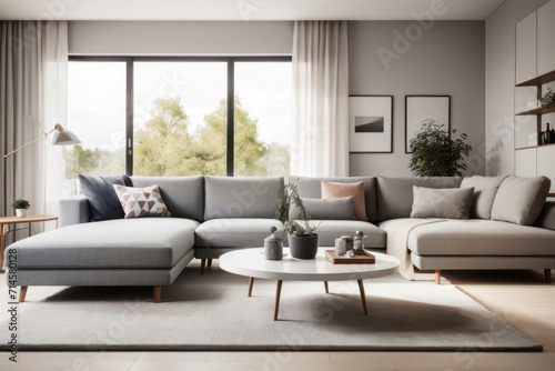 scandinavian interior home design of modern living room with gray sofa and green ornamental plants near the window © Basileus