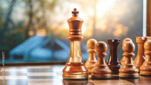 Strategically placed chess pieces basking in the warm glow of sunset on a wooden board.
