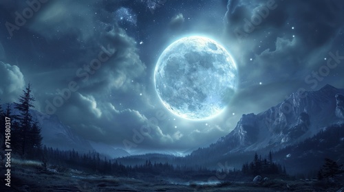  a night scene with a full moon in the sky and trees in the foreground, and a mountain range in the foreground, with trees and mountains in the foreground.