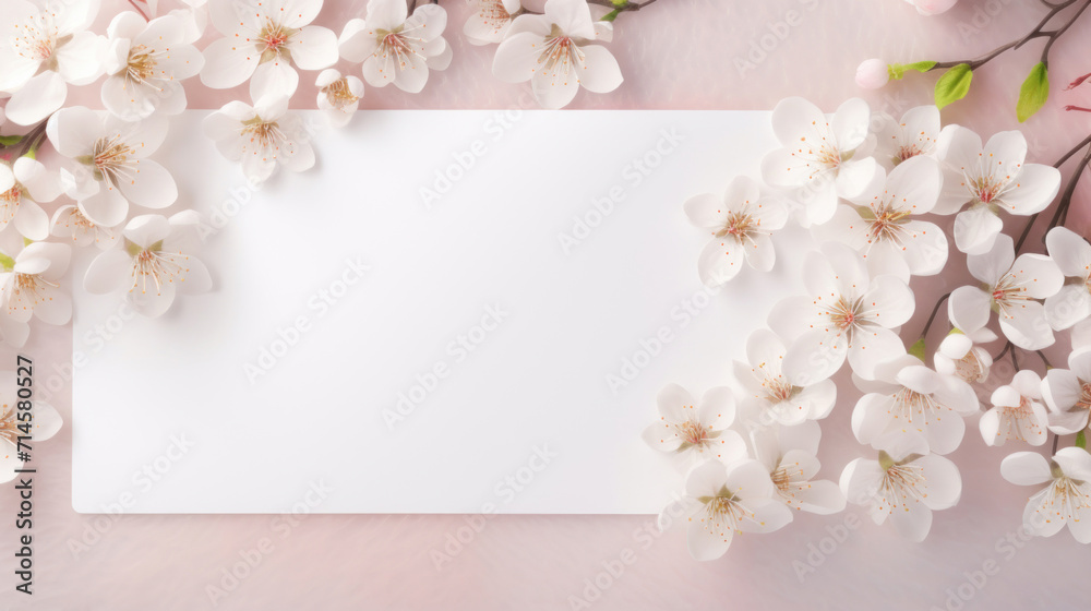 White cherry blossoms framing a blank space on a pink background, suitable for spring-themed designs. White cherry blossoms framing a blank space on a pink background, suitable for spring-themed designs.