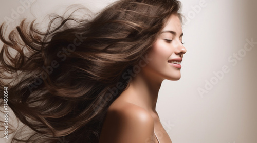 Portrait of a joyful young woman with long flowing hair and a serene expression, symbolizing beauty and wellness.