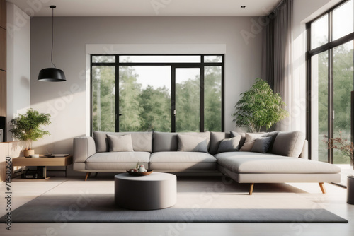 scandinavian interior home design of modern living room with gray sofas and large windows with forest views