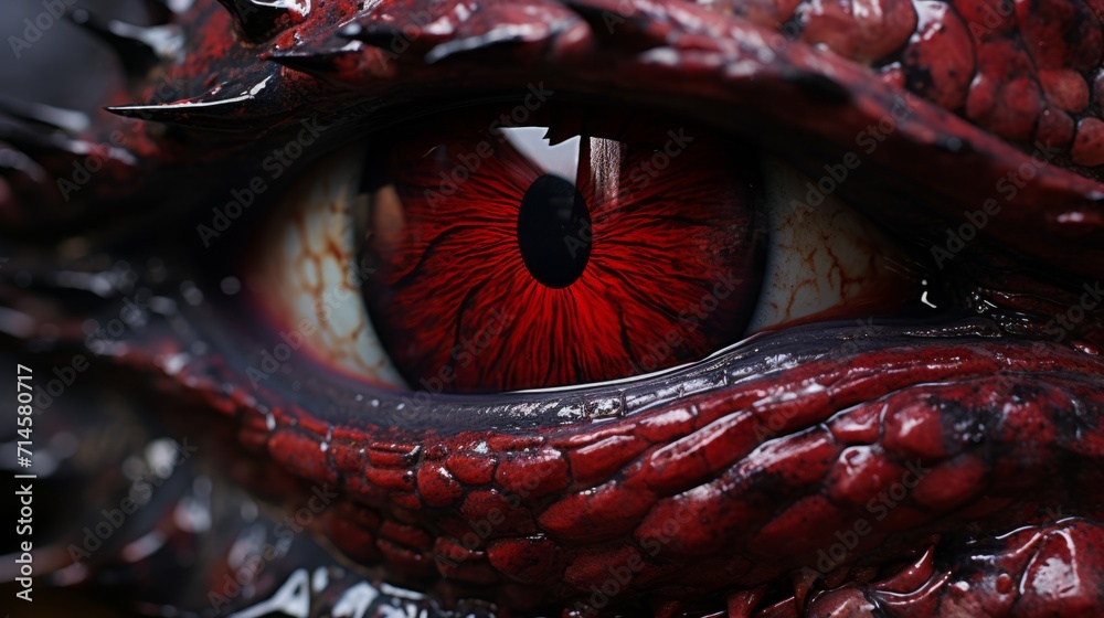 Macro shot of monster eye. Closeup picture of scaled dragon eye. Staring lizard pupil. 3D render of scary demon eyes. - obrazy, fototapety, plakaty 