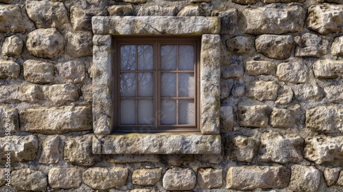  a stone wall with a window and bars in the middle of the window and a tree in the window sill in the middle of the window of the wall.