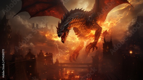 Mad dragon destroying the world. Angry reptile with a growl attacking a medieval city. Fictional scary character attacking a castle. Brutal dragon causes chaos and devastation on a flame background. © Valua Vitaly