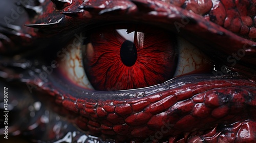 Macro shot of monster eye. Closeup picture of scaled dragon eye. Staring lizard pupil. 3D render of scary demon eyes.