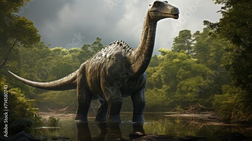 Big prehistoric Dinosaur standing in the jungle  3D render. Concept art of a Brontosaurus dinosaurwalking in a forest  on a bright day. Tall ancient monster in the woods. Diplodocus realistic render.
