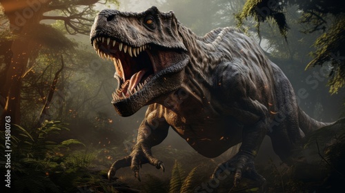 Tyrannosaurus rex roaring in the woods. Hunting angry T-Rex with a growl. Concept art of a mad ancient scary reptile in the forest. T-Rex causes chaos in the woods. 3D render of an angry dinosaur. © Valua Vitaly