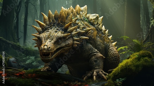 Prehistoric Dinosaur with horns and scales walking through the fauna. Concept art of an ancient reptile walking in the forest. Sauropelta feeding in the woods. 3D render of an angry euoplocephalus. photo