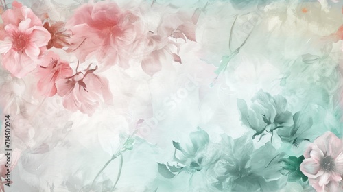  a painting of pink and green flowers on a white and blue background with a pink border in the middle of the picture and a blue border in the middle of the picture.