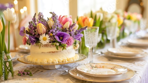  a table topped with a white cake covered in lots of purple and yellow flowers on top of a table covered in white plates and vases filled with yellow and pink and purple and white flowers.