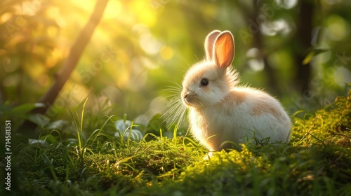  a white rabbit sitting on top of a lush green grass covered forest covered in lots of bright sun shining down on it's face and backroundg.