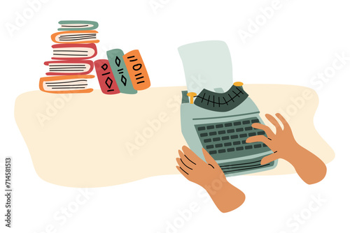 human hand writing on typewrite and books background. Vector illustration isolated. Retro vintage style. Can used for world writer. copywriter day banner. 