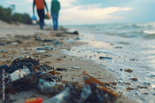 volunteers collecting garbage cleaning the beach