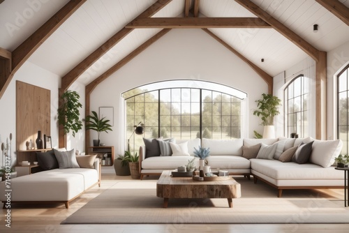 farmhouse interior home design of modern living room with white sofa and furniture with large window