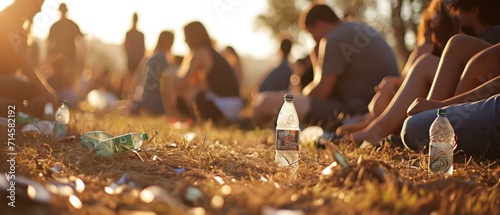 People sitting on the grass with plastic waste on the ground. Selective focus. Generative AI. photo