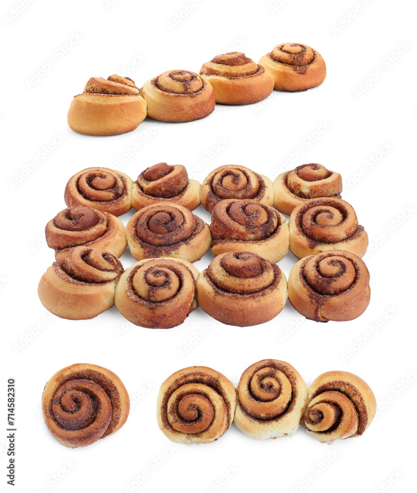 Tasty cinnamon rolls isolated on white, set