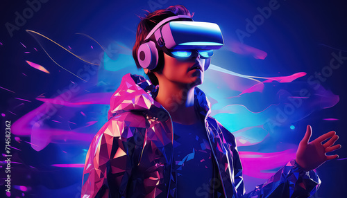 man holding virtual reality glasses surrounded by virtual data with neon ultraviolet lines.