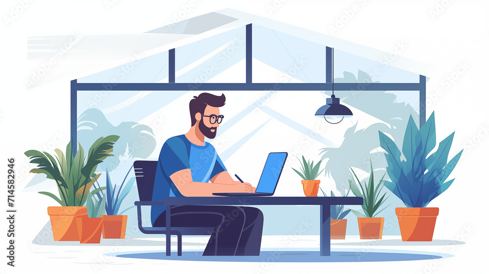 A vibrant vector flat style illustration capturing a man's work or study session at home, illustrating a cozy home workspace with a laptop on a stylish desk A vibrant vector flat style illustration capturing a man's work or study session at home, illustrating a cozy home workspace with a laptop on a stylish desk