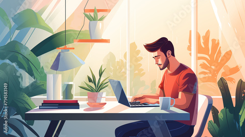 a vector flat style illustration depicting a man working or studying on a laptop at home, showcasing a cozy home workspace with a mix of home and coworking space elements photo