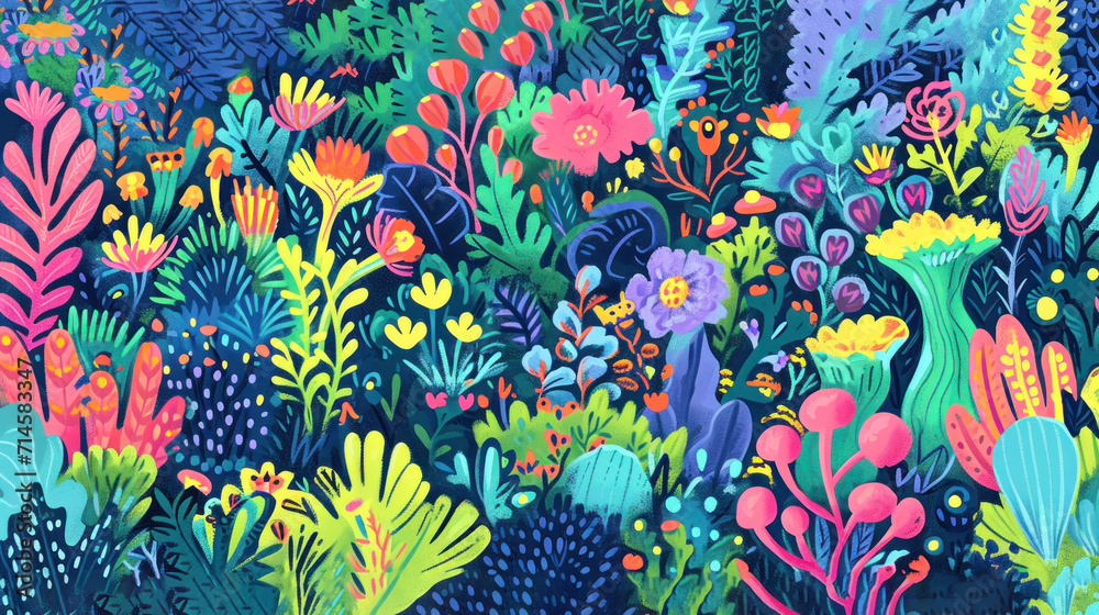  a painting of colorful flowers and plants on a dark blue background, with a black border over the top of the image, and a black border over the top of the image is a.