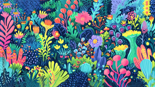  a painting of colorful flowers and plants on a dark blue background, with a black border over the top of the image, and a black border over the top of the image is a.