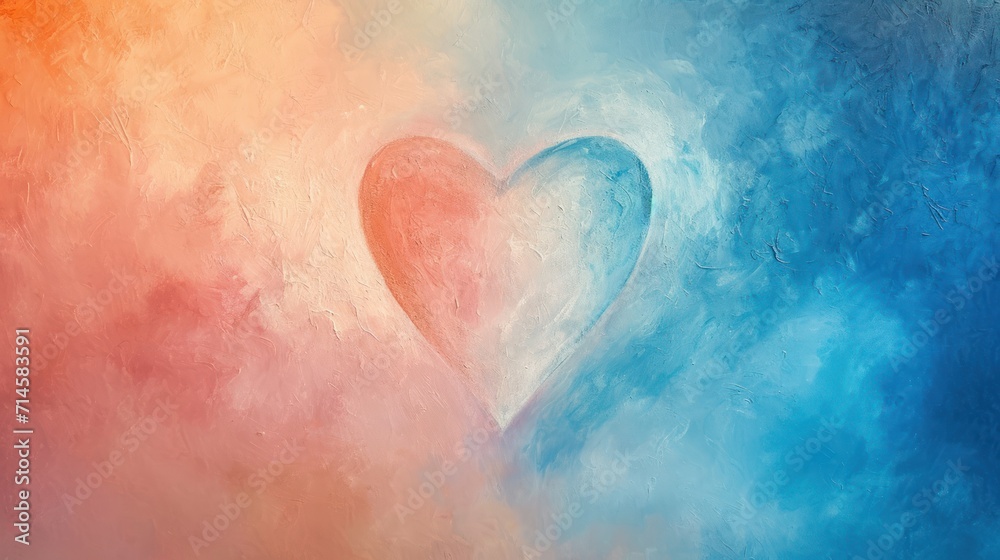  a painting of a heart on a blue, pink, and orange background with a white heart on the left side of the image and a blue and orange heart on the right side of the right.