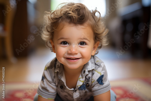 "Joyful Toddler with Curly Hair and a Captivating Smile, Exuding Charm and Happiness in a Cozy Home Setting"