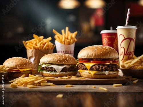 Cheese burger - American cheese burger with Golden French fries on wooden background