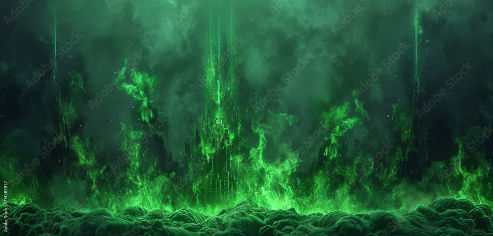 Mystical green explosion with a magical and eerie atmosphere. - obrazy, fototapety, plakaty 