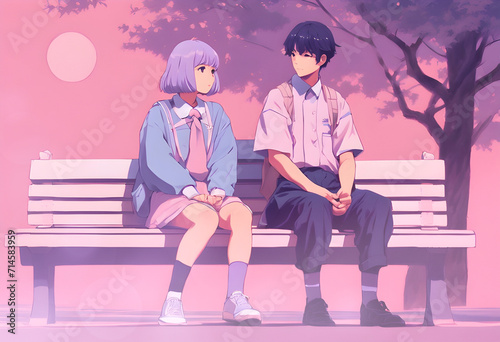 Couple of High School Student sitting on a bench under cherry blossom tree, at evening, lo-fi anime pink and purple tone