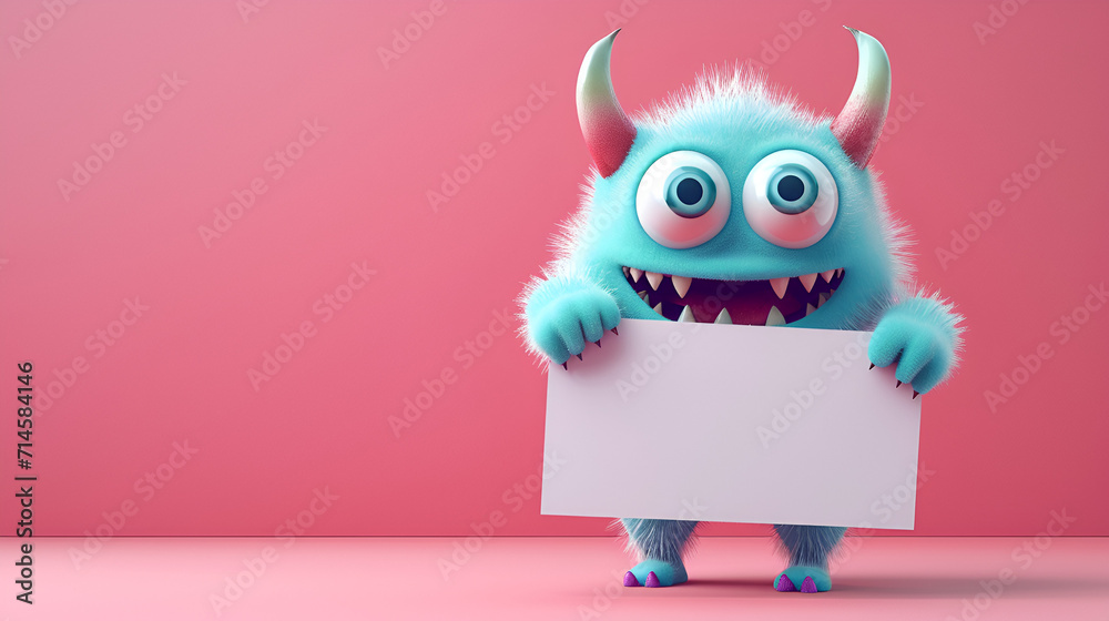  3d cute monster holding up a blank sign,colorful cartoon character,empty banner. generative ai