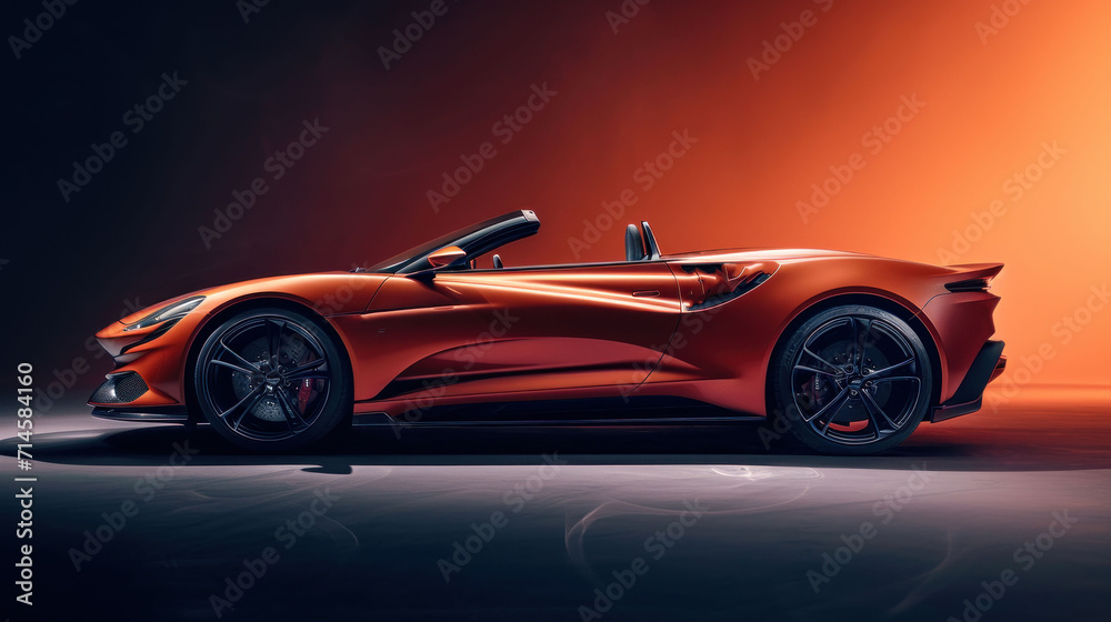  a red sports car is shown in a dimly lit room with an orange light coming from the top of the car and the top of the car's roof down.