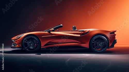  a red sports car is shown in a dimly lit room with an orange light coming from the top of the car and the top of the car s roof down.