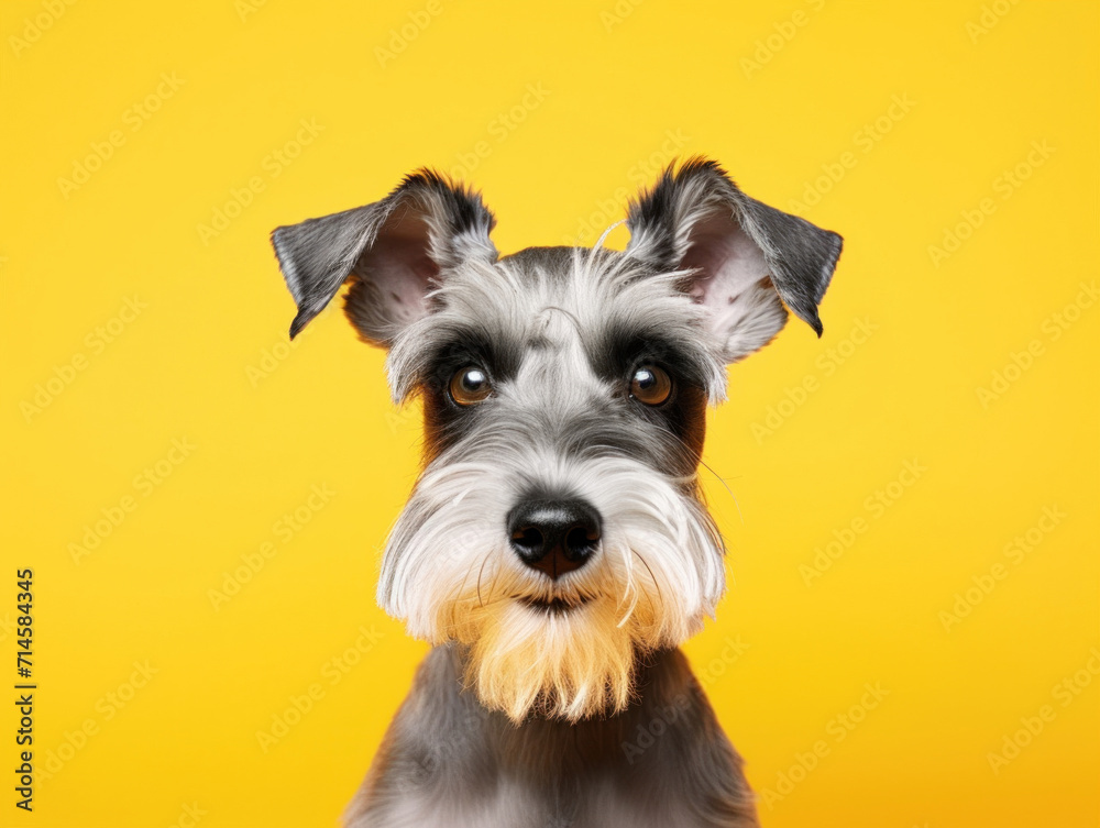 Portrait of a Schnauzer puppy with an attentive gaze, set against a warm yellow background.