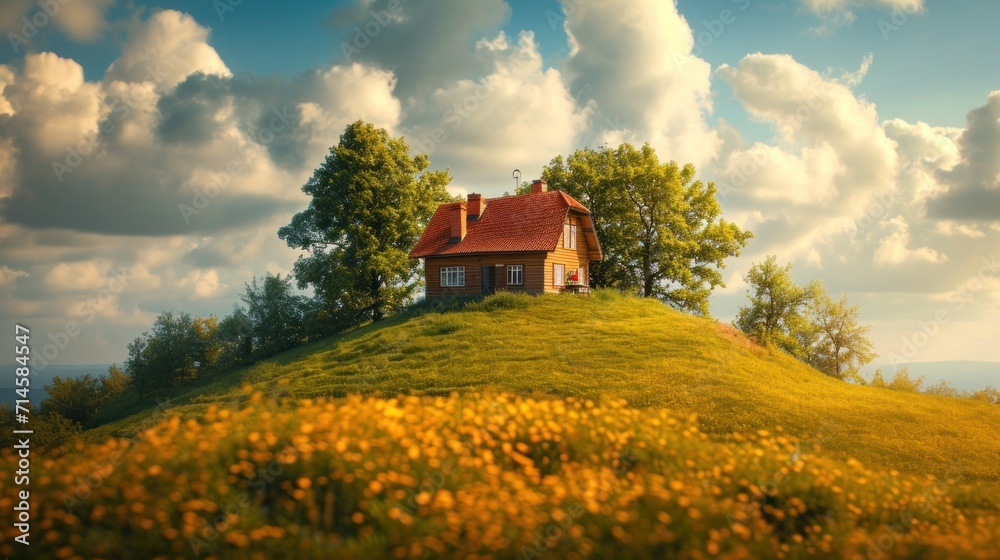 a house on top of a hill with a red roof and a red roof and a red roof ...