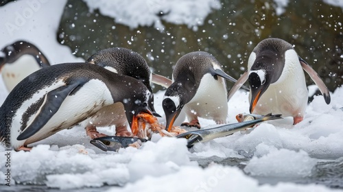 A group of penguins feasting on fish