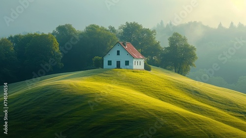  a house on a hill with a red roof and a red roof and a red roof on a white house with a red roof and a red roof and white house on a green hill with trees.